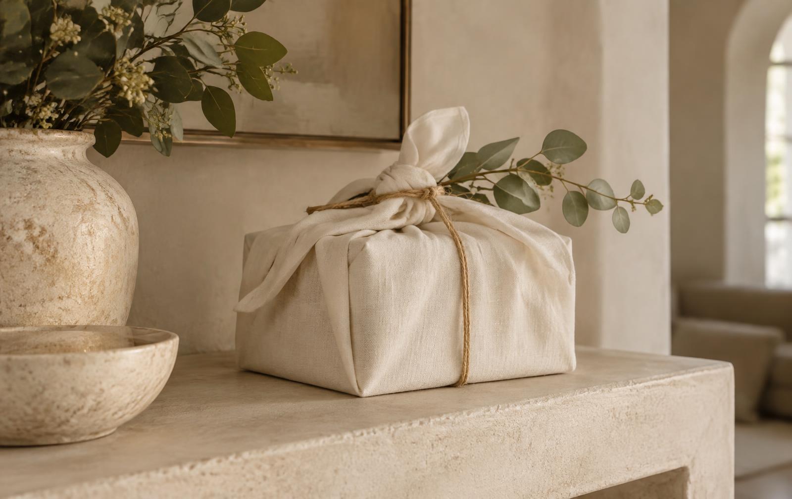 A décor gift wrapped in unbleached cotton