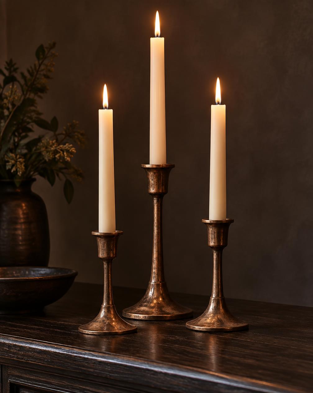 Aged Copper Taper Holders, Set of Three
