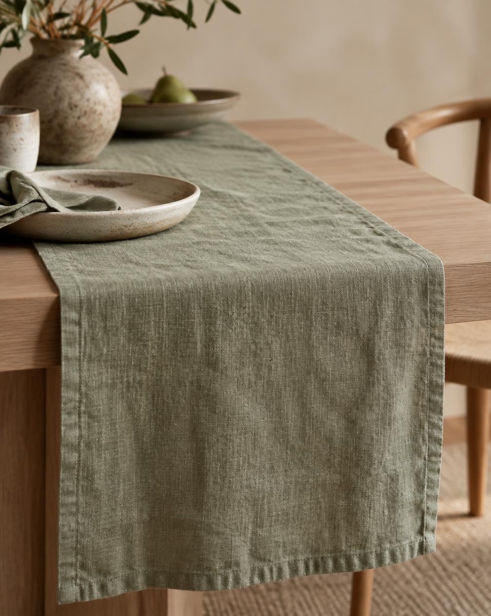 Washed Linen Table Runner, Sage